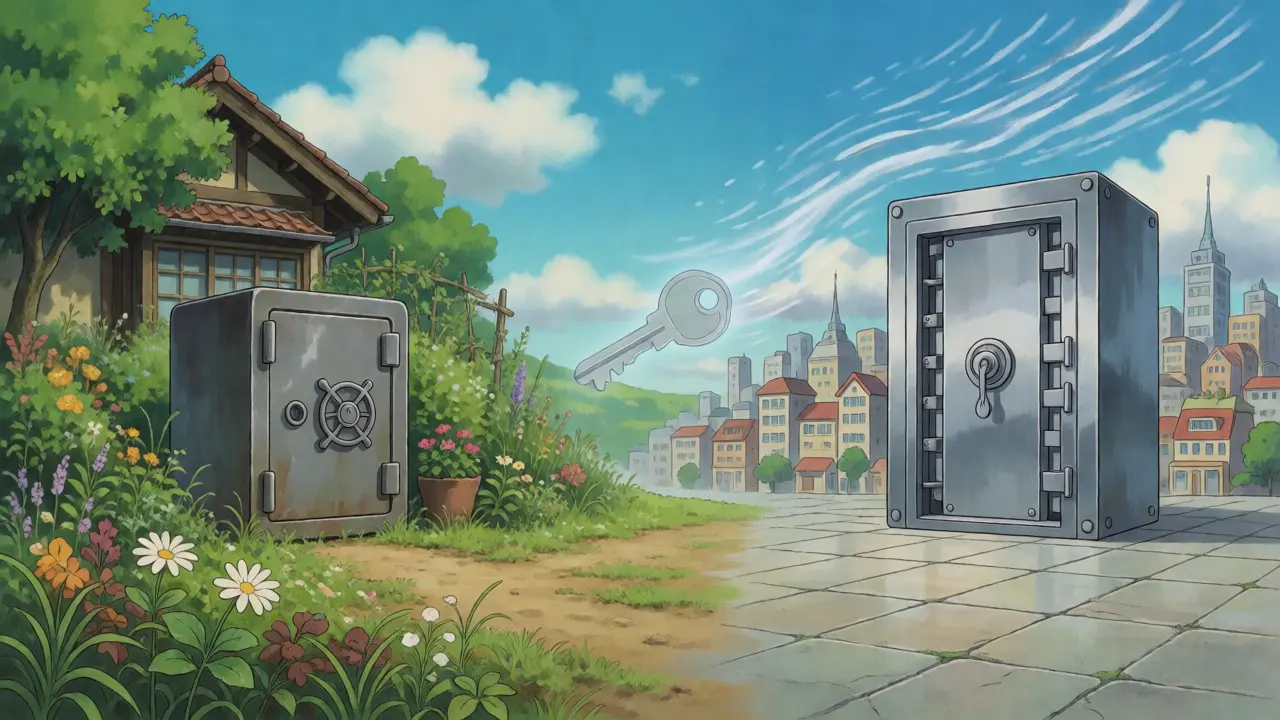 Split view of garden safe and city bank vault with floating key