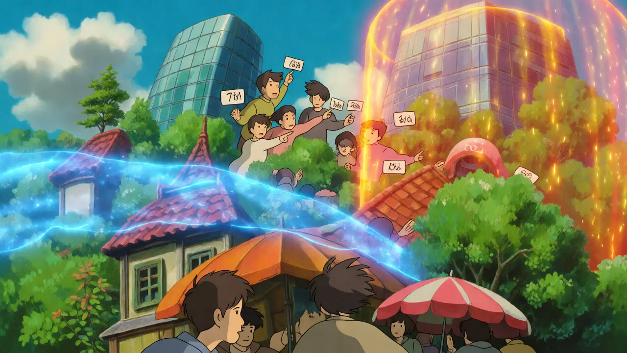 Stylized Seoul marketplace showing separated energy flows and differing price tags.