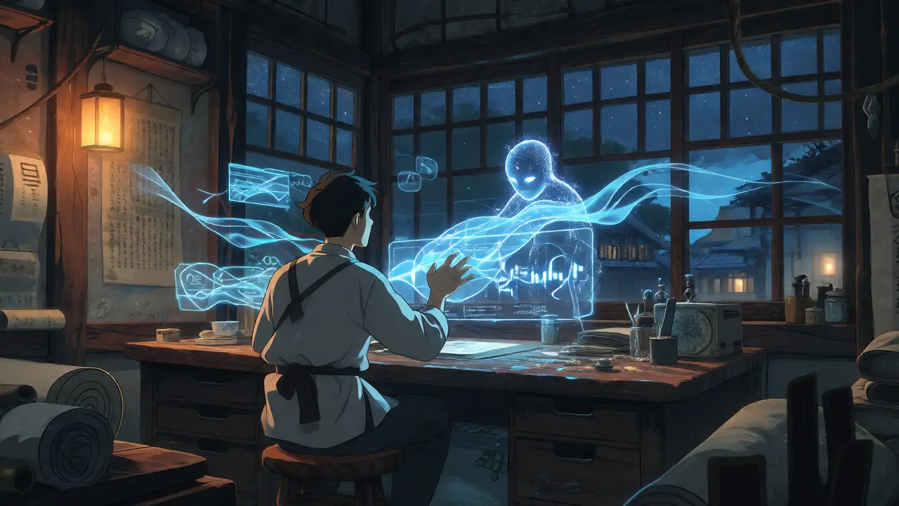 Trader analyzing holographic data with an AI spirit companion in a cozy workshop