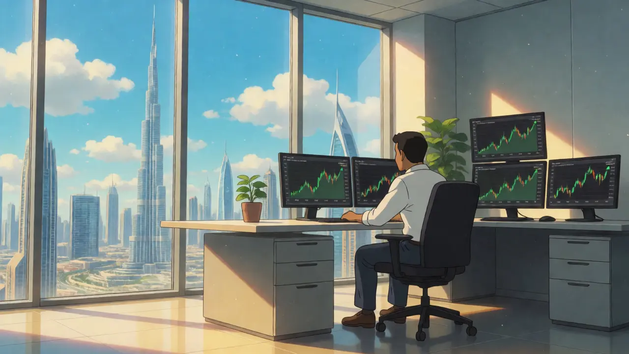 Trader working happily in sunny Dubai office with skyline view