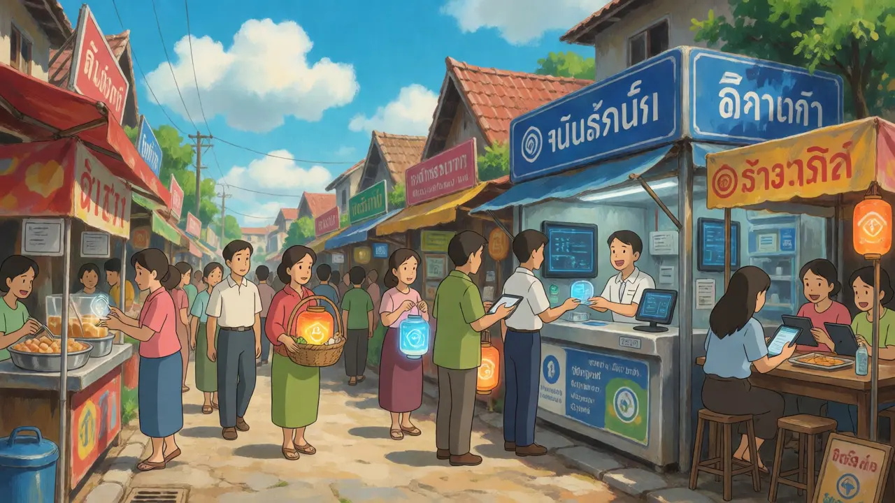 Traders exchanging glowing tokens safely at a vibrant, compliant market stall.