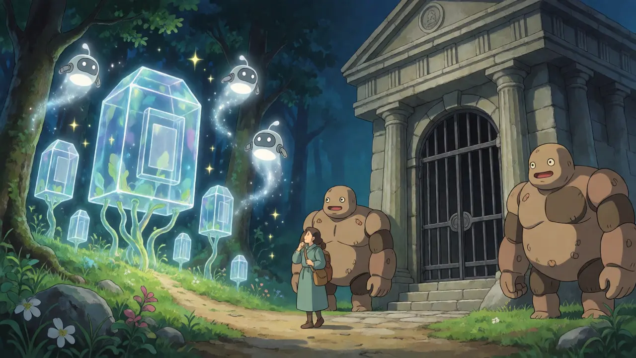Traveler choosing between magical forest and stone bank