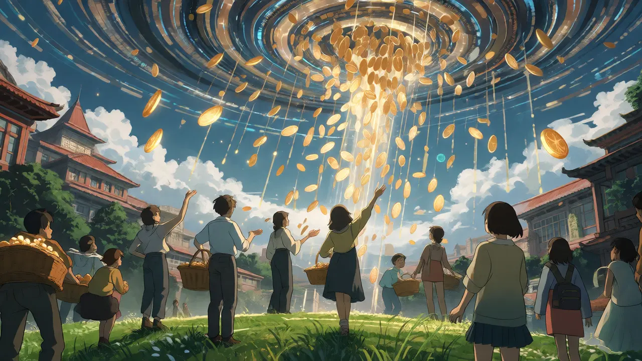 Users catch falling golden token seeds from a data vortex in an anime scene.