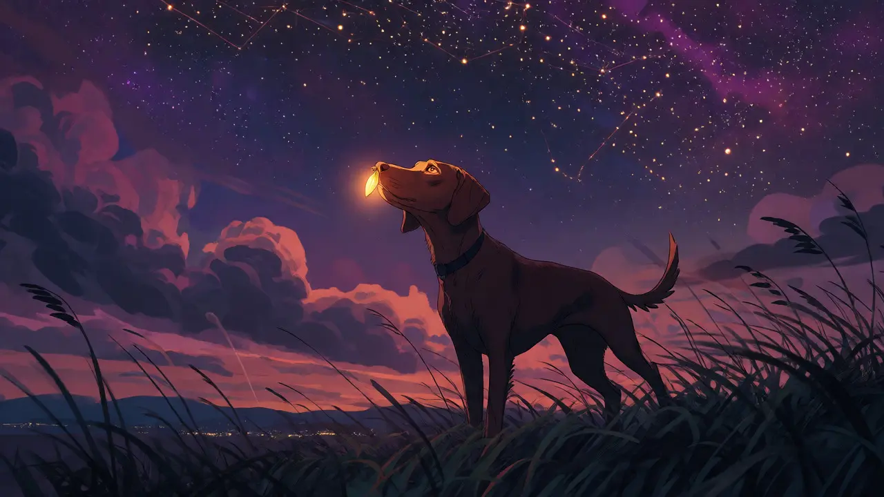 Vizsla on a hill at twilight looking at a starry sky of token lights.