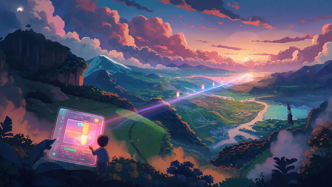 Whimsical landscape showing digital lanterns connecting people across borders at twilight