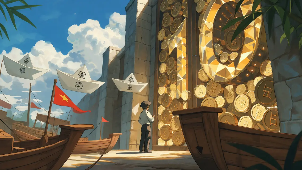 A trader facing a massive gate of gold coins blocking small paper boats, symbolizing high capital requirements.