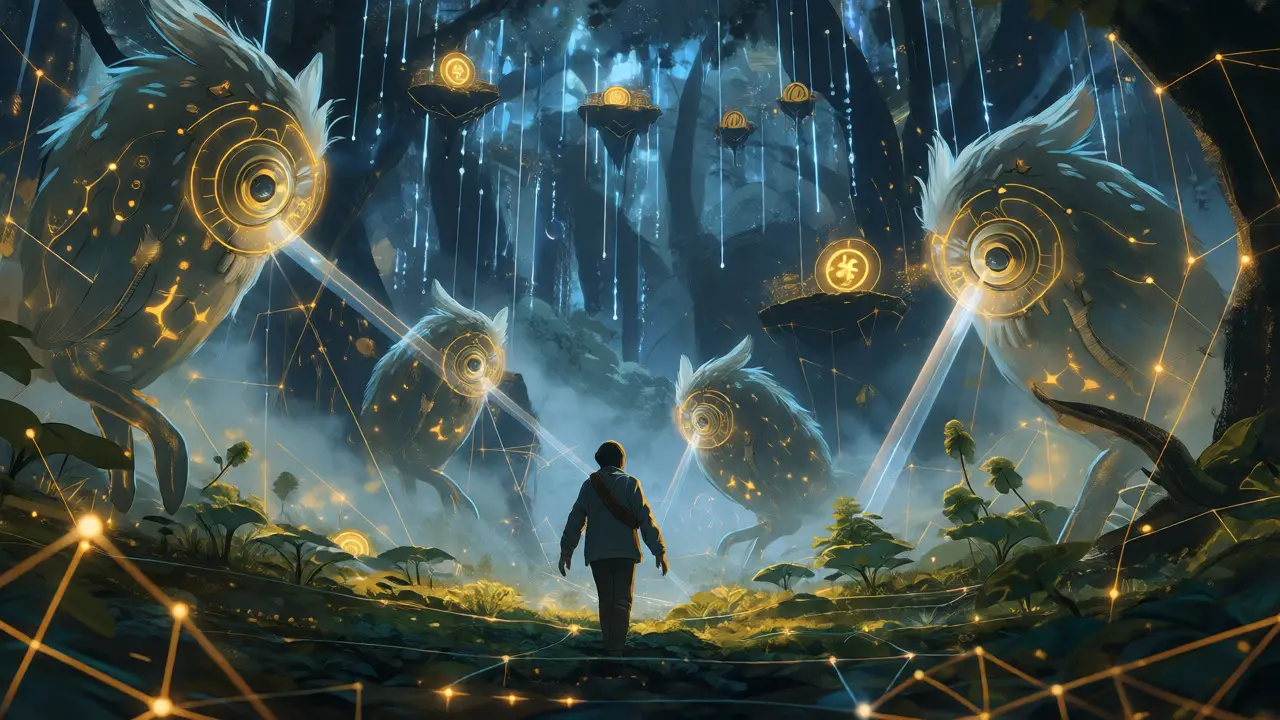 A trader navigates a digital forest watched by algorithmic owl-like sentinels.