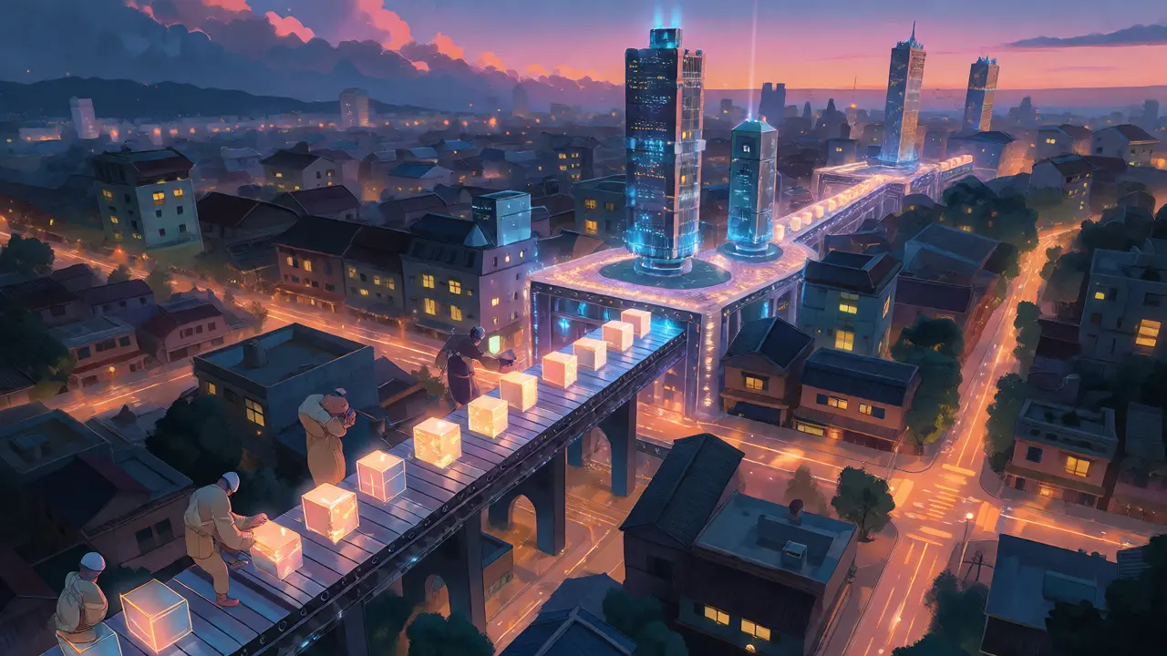 Aerial anime view of a blockchain city during an upgrade, showing smooth integration of new blocks.
