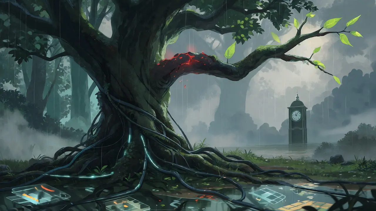 Ancient tree with digital roots and new growth in a misty forest