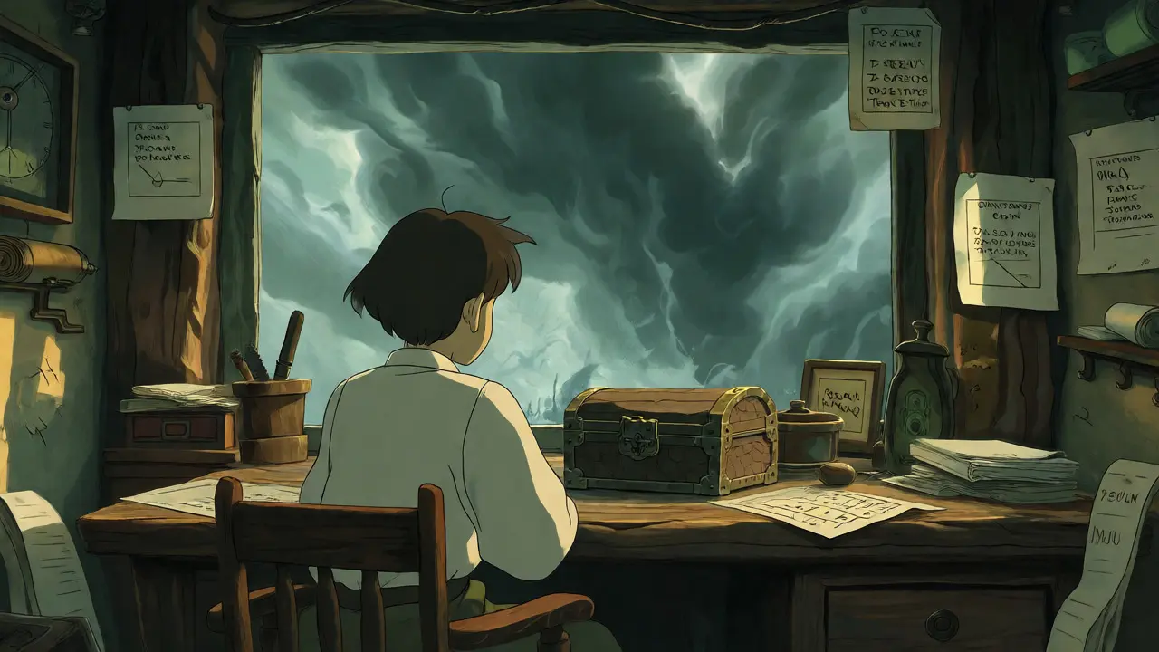 Anime scene of a person examining an ambiguous chest in a dim room during a storm.
