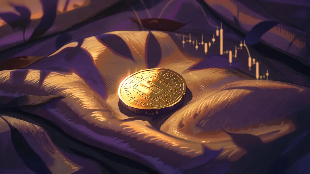 Close-up of a glowing coin on silk fabric with symbolic falling leaves and chart lines.