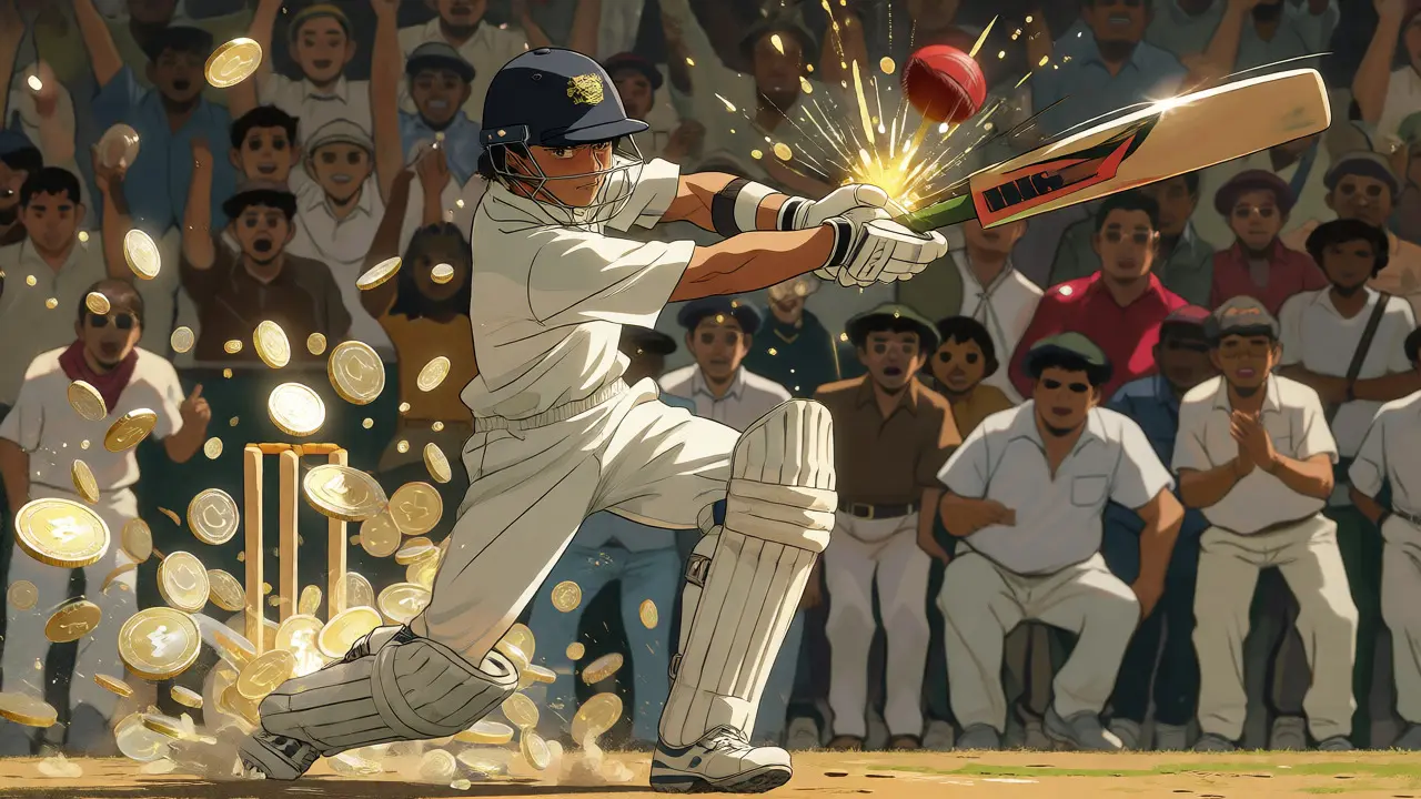 Cricketer hitting a ball that transforms into glowing coins