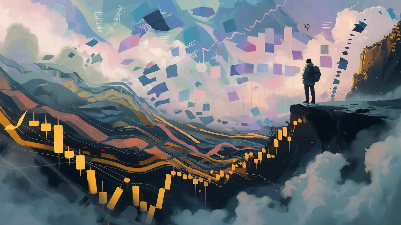 Explorer on a cliff overlooking abstract, shifting landscape representing crypto market volatility.