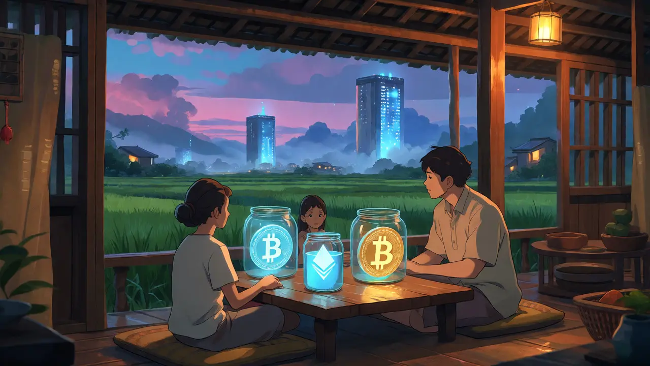 Family viewing encased crypto assets in a traditional home, with few licensed exchange towers visible in the distance.