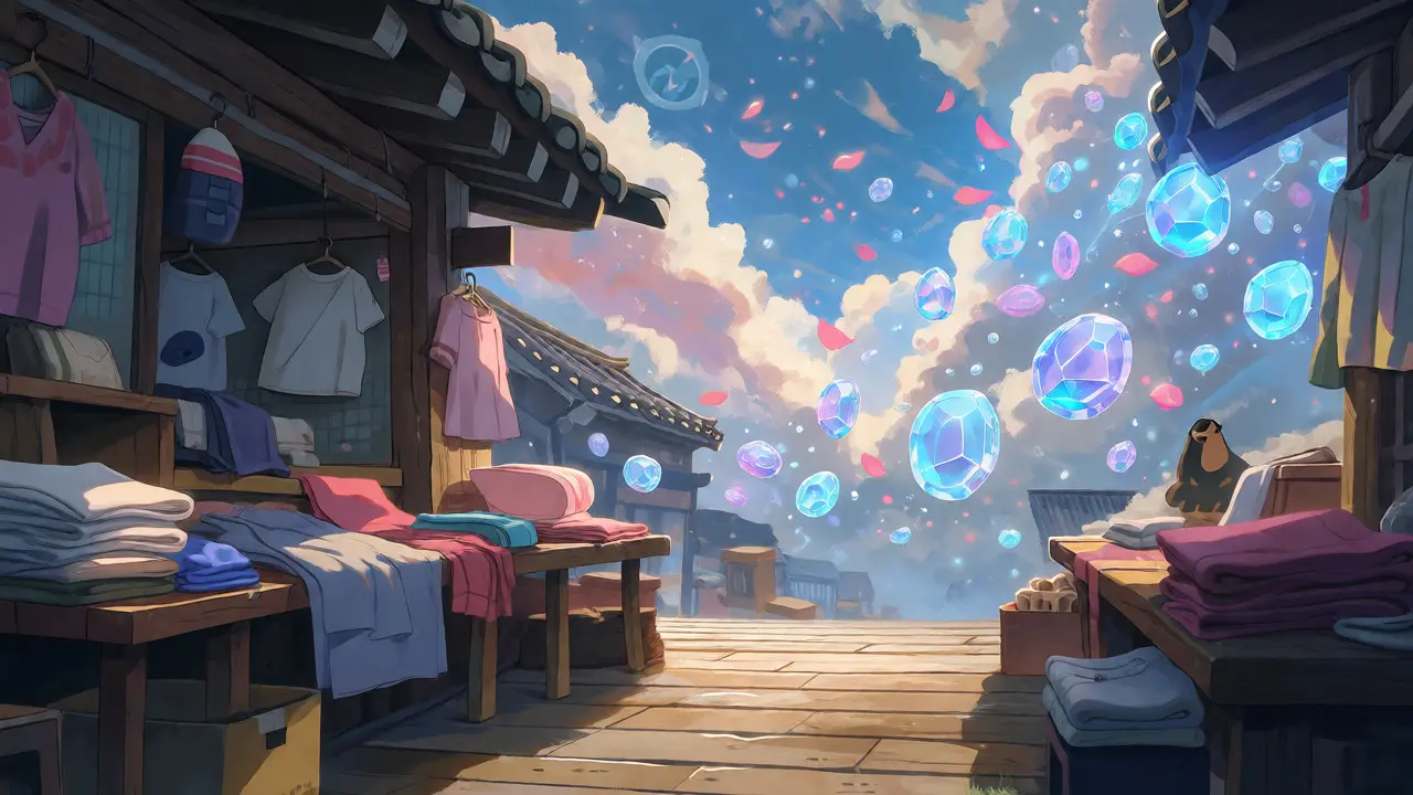 Fantasy illustration bridging physical clothing stalls and floating digital tokens in Ghibli style.