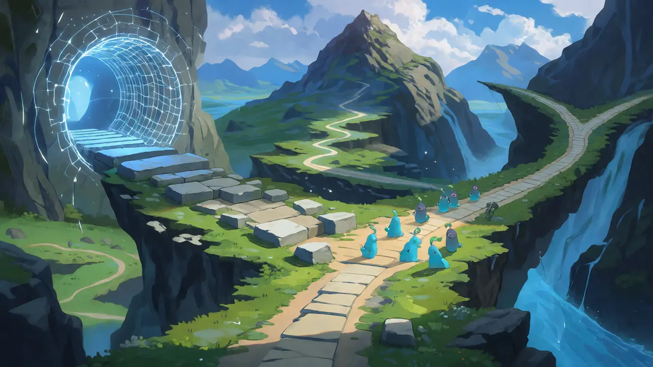 Fantasy landscape contrasting a unified path with a split river to explain soft vs hard forks.