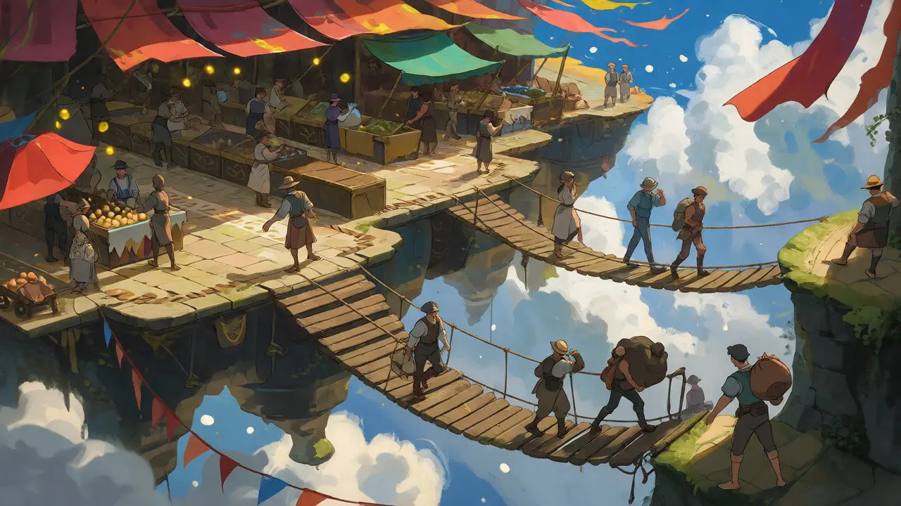 Fantasy marketplace showing smooth bridges vs narrow swaying paths for token exchange
