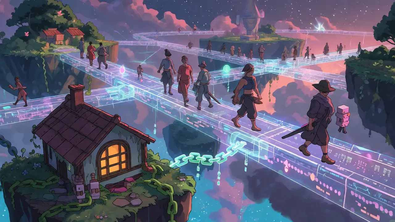 Floating islands connected by light bridges where diverse avatars travel in a futuristic Ghibli-inspired scene.