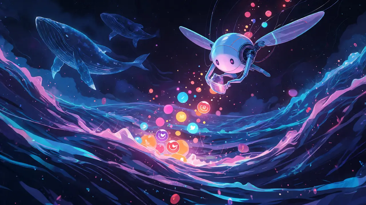 Ghibli-style robot collecting glowing social media signals