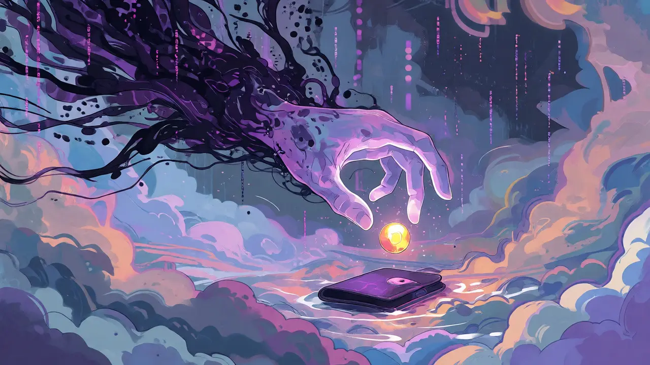 Ghostly hand draining a golden token orb in a surreal Studio Ghibli scene.