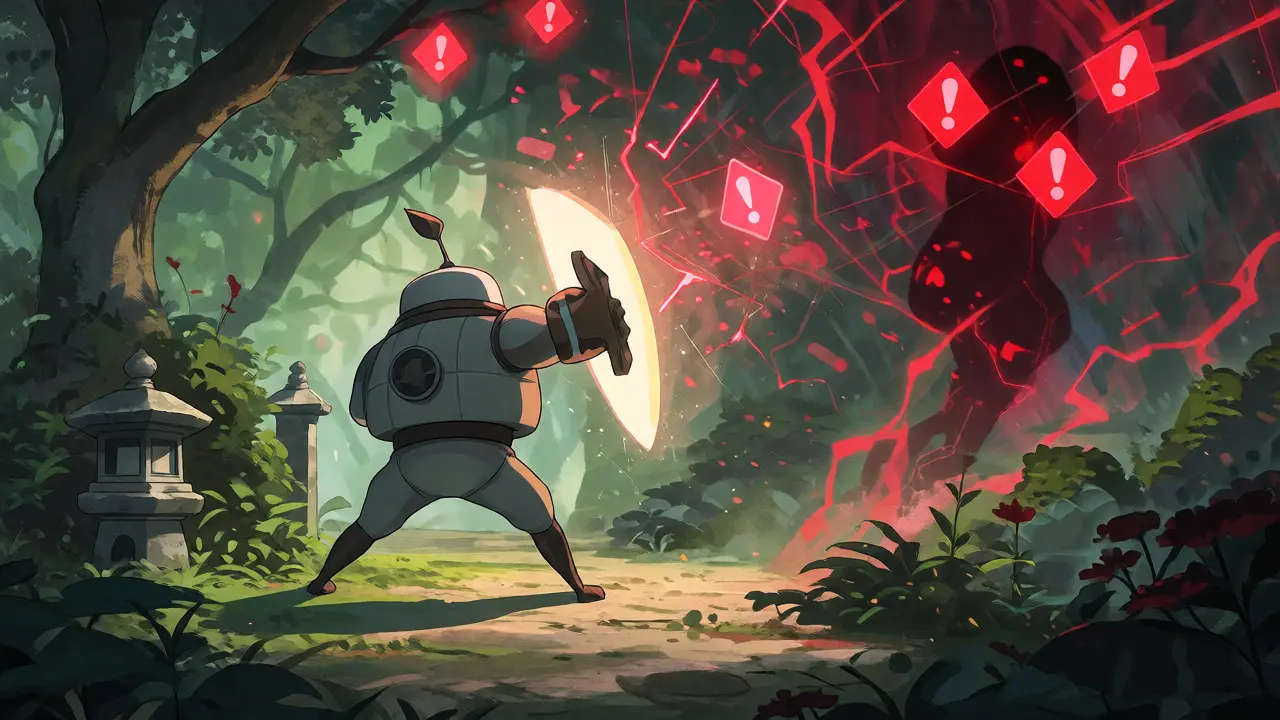 Guardian spirit protecting a garden from digital threats with a light shield.