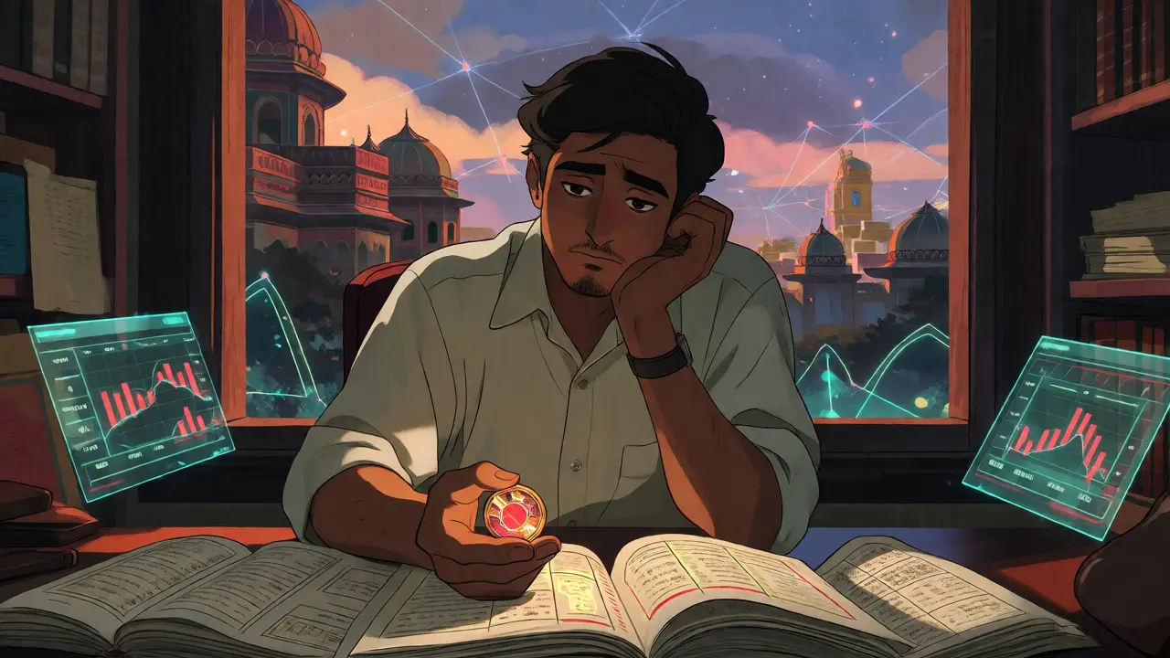 Indian investor reviewing tax-heavy crypto assets in a modern study.