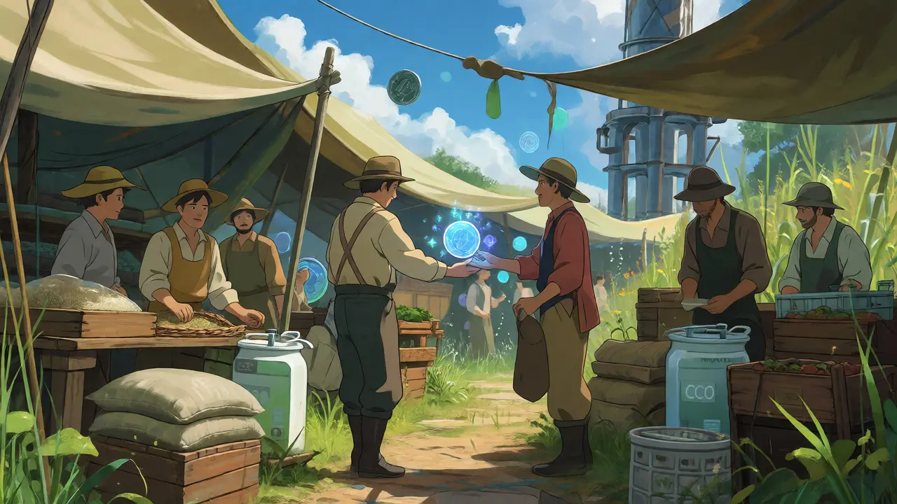 Marketplace scene showing farmers exchanging goods for floating digital coins in an eco-hub.