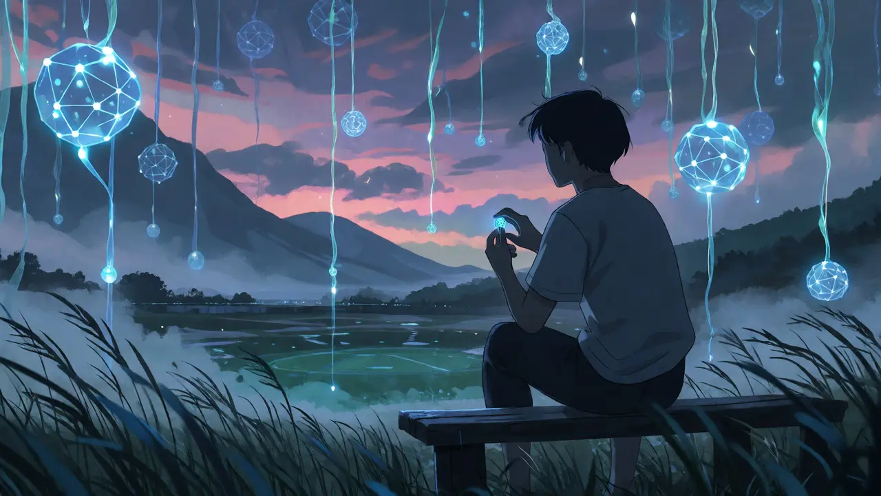 Person holding a glowing token while viewing a misty landscape