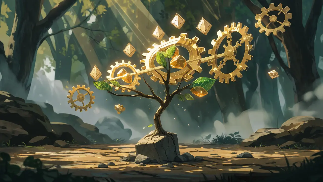 Resilient sapling with crystal leaves surrounded by floating tech gears in a misty forest.