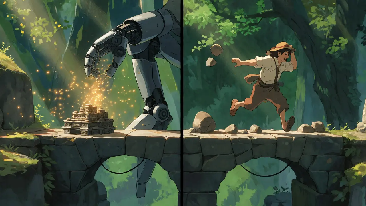 Robotic alchemist earning gold sparks vs traveler paying heavy tolls