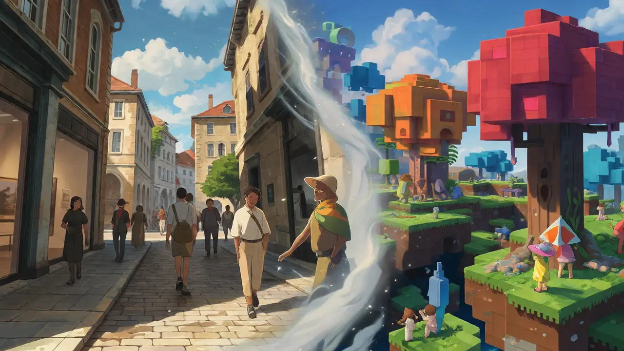 Split view comparing a realistic city and a voxel game world connected by a spiritual guide in anime style.