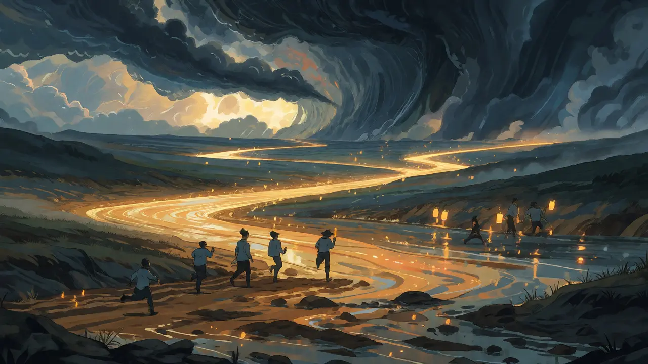 Storm clouds gathering over a valley as glowing lights fade and water levels drop