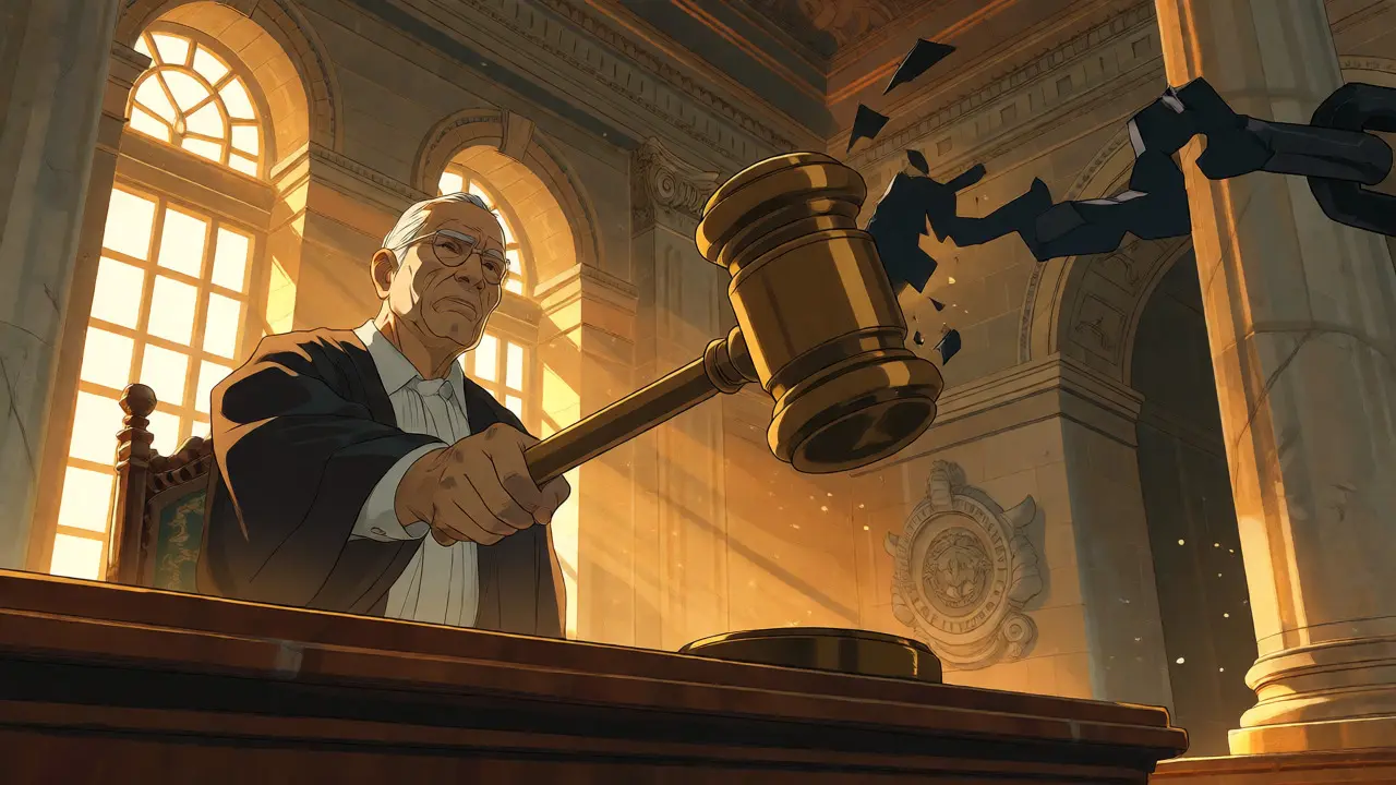 Sunlit Supreme Court hall where a gavel shatters a dark barrier.