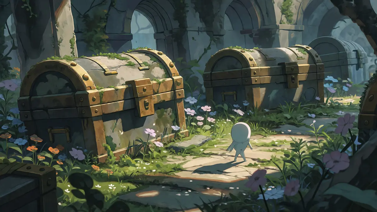 Weathered treasure chests lying abandoned in an overgrown, mossy forest clearing.