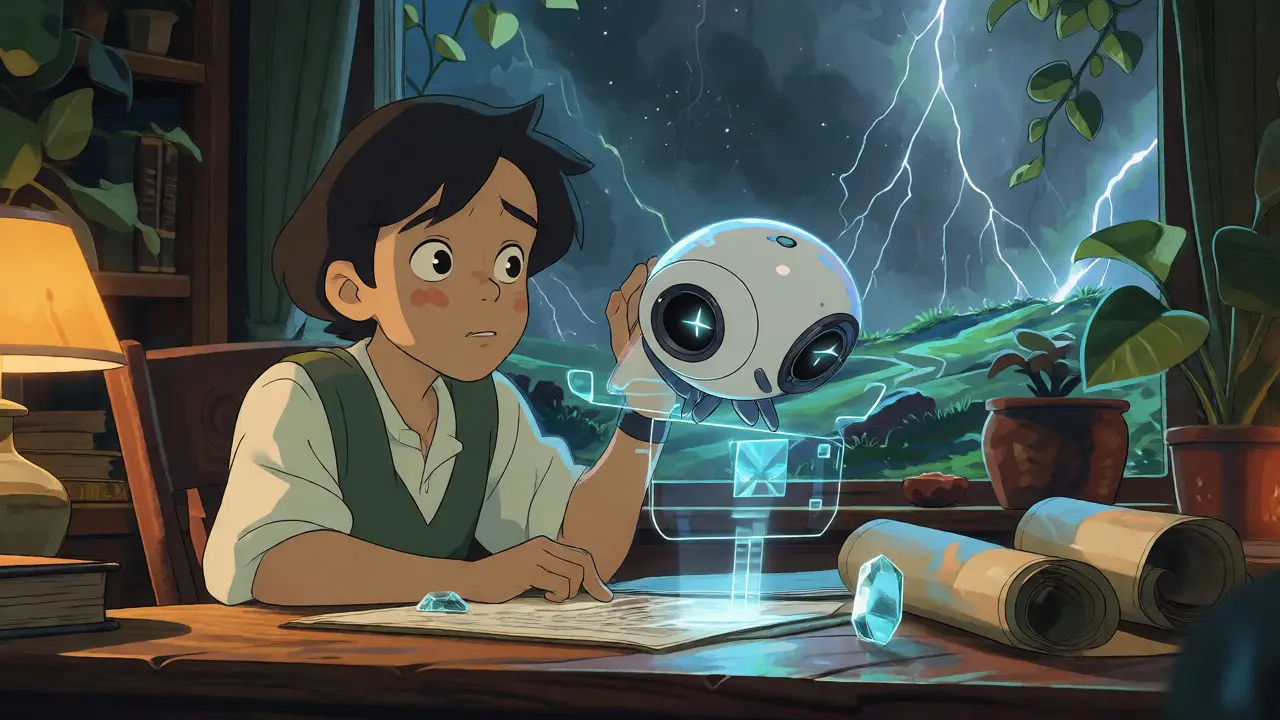 Young trader using a holographic interface with a robot companion